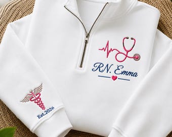 Personalized RN Quarter Zip Sweatshirt, Custom Nurse Embroidered Pullover, Registered Nurse Gift For Women, Nursing School Graduation Gift