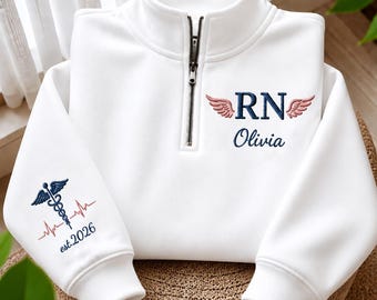Personalized RN Quarter Zip Sweatshirt, Custom Nurse Embroidered Pullover, RN Graduation Gift, Registered Nurse Gift, RN Jacket