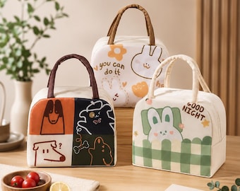 Cute Cartoon Lunch Bag Thermal Insulated Tote Oxford Cloth Small Cooler Bag Portable Food Storage Box Kids Women Lunch Box Bag Animal Lunch