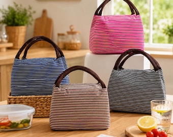 Striped Pattern Lunch Bag - Thermal Tote  Reinforced Straps, Striped Insulated Lunch Bag, Waterproof Oxford Cloth Food Carrier, Warmfood Bag