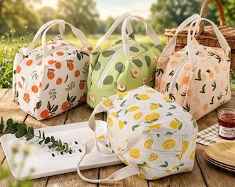 Fruit Insulated Lunch Bag | Avocado Lemon Orange Peach Lunch Tote | Cute Lunch Bag Zipper | Heat Insulated Food Bag | Lunch Bag Gift for Her