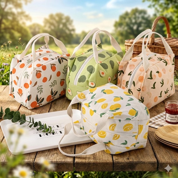 Fruit Insulated Lunch Bag | Avocado Lemon Orange Peach Lunch Tote | Cute Lunch Bag Zipper | Heat Insulated Food Bag | Lunch Bag Gift for Her