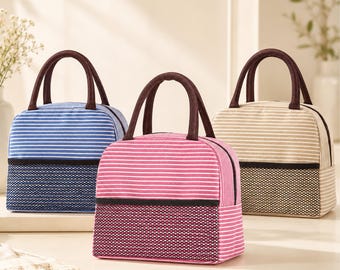 Insulated Lunch Bag Stripe | Thermal Cooler Bag Women Kids | Portable Picnic Lunch Box Tote | Leisure Food Bag | Aesthetic Lunch Bag, Lunch