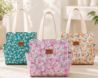 Daisy Tote Lunch Box - Niedliche Bento-Beutel mit Blumenmuster, Büro-Lunch-Tasche für Frauen, Muttertasche mit Reißverschluss, ästhetische Arbeitstasche Lunch Bag