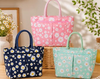 Daisy Printed Insulated Lunch Bag, Cute Floral Lunch Tote, Thermal Lunch Box Bag, Large Capacity Picnic Bag, Reusable Food Storage Handbag