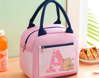 Personalized Name Initial Capybara Lunch Bag, Custom Name Initial Lunch Bag, Capybara Lunch Bag, Back to School Lunch Bag, Kids Lunch Bag