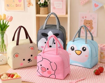 Cartoon Insulated Lunch Bag, Thermal Bento Tote for Kids Women, Portable Oxford Cloth Lunch Box, Reusable Food Cooler Bag for School  Work