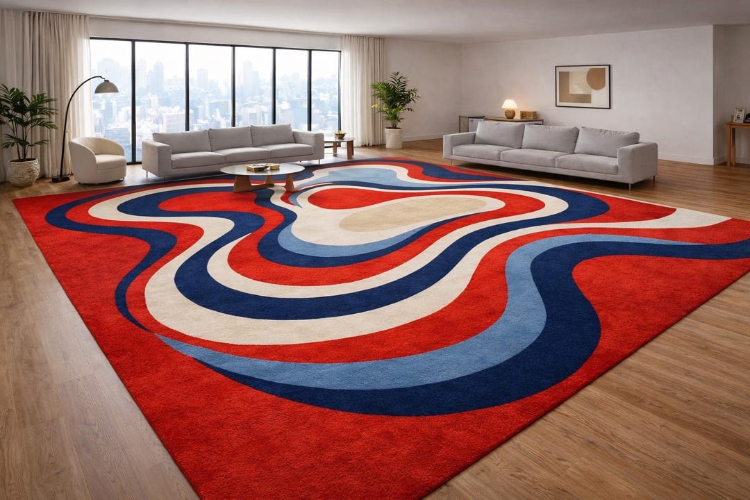 Large Abstract Red Blue Area Rug, Modern Wave Pattern Rug, Contemporary ...