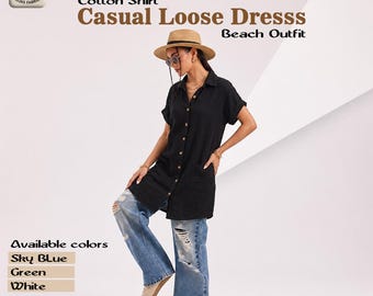 Cotton Shirt Dress Women, Button Down Summer Dress Casual Loose Dresss Beach Vacation Outfit