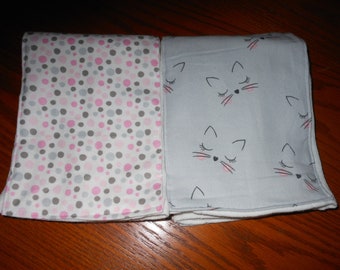 Burp cloths Pink and Gray Polka dots/Kitty Face- Set of 2