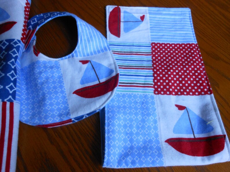 Burp ClothReceiving Blanket Set Sailboats Flannel 3 Piece Set Blanket Bib
