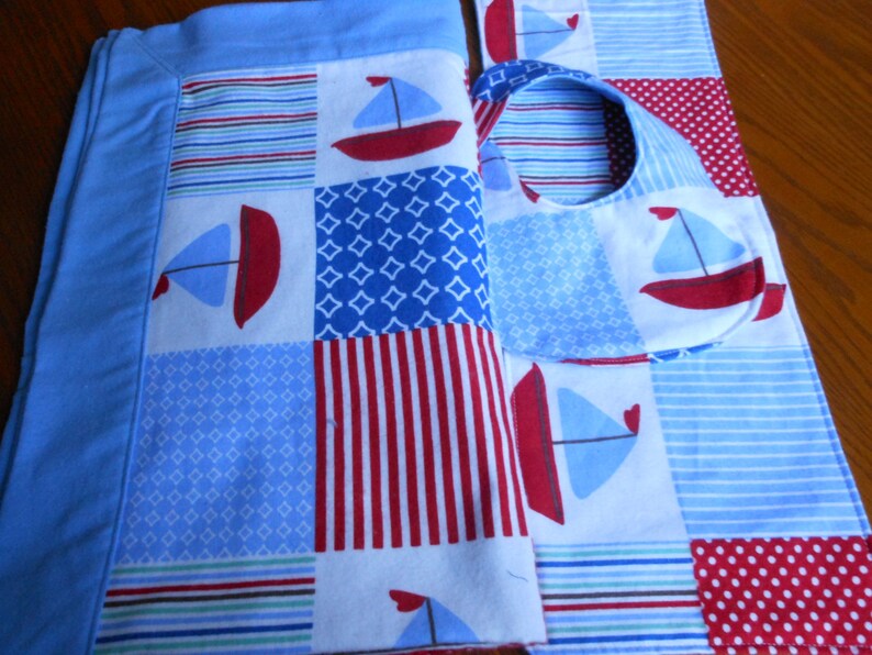 Burp ClothReceiving Blanket Set Sailboats Flannel 3 Piece Set Blanket Bib