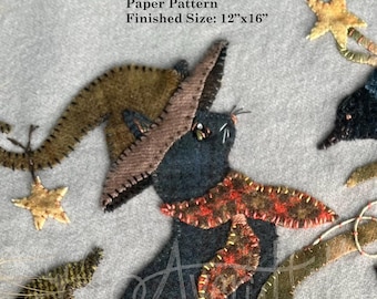 Black Cat Triple Stack Appliqué Embroidery PHYSICAL PAPER PATTERN Handmade Michelle Palmer Halloween Harvest Fall Autumn Pumpkin Black Bird
