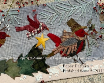 Gathering the Greens Appliqué Embroidery PHYSICAL PAPER PATTERN Handmade Michelle Palmer Christmas Winter Pine Prim Folk Red Bird Cardinal