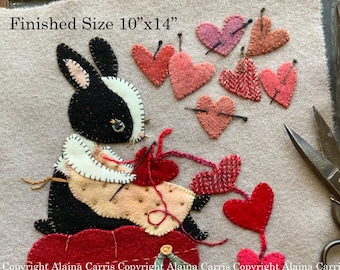 Stitching Rabbit My Cup Runneth Over Wool Appliqué Embroidery PHYSICAL PAPER PATTERN Handmade Michelle Palmer Pink Red Art Sewing Sew Hearts