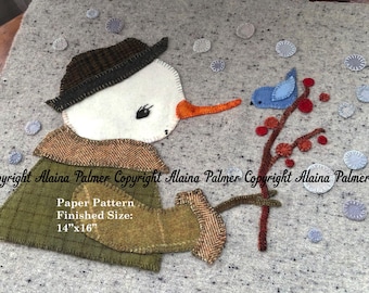 Bluebird of Happiness Snowman Appliqué Embroidery PHYSICAL PAPER PATTERN Handmade Michelle Palmer Christmas Winter Snow Prim Folk Blue Bird