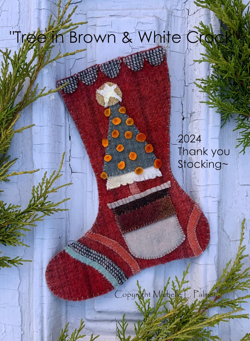 Tree in Brown and White Crock Stocking Wool Appliqué Embroidery DIGITAL ...