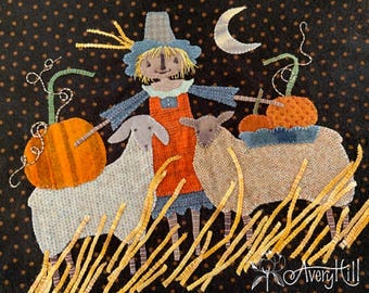 Crescent Moon Pumpkin Patch Sheep Wool Appliqué Embroidery DIGITAL Download PDF PATTERN Handmade Michelle Palmer Scarecrow Halloween Harvest