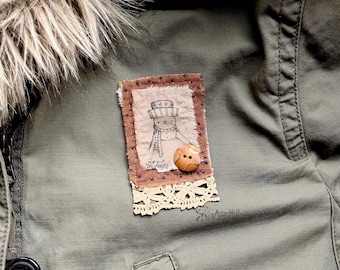 Michelle L. Palmer Snowman Purse Patch Pin Back Brooch Original Handmade Illustration Snow Vegetable Button Hand Sewn Folk Lace Prim Winter