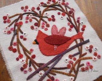 Heart of Winter Cardinal Wool Appliqué Embroidery DIGITAL jpeg and PDF PATTERN Handmade Michelle Palmer Valentine Winter Snow Prim Folk Bird