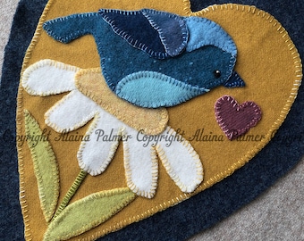 Valentine Bluebird Daisy Wool Appliqué Embroidery DIGITAL jpeg and PDF PATTERN Yellow Heart Mustard Navy Handmade Michelle Palmer Prim Folk