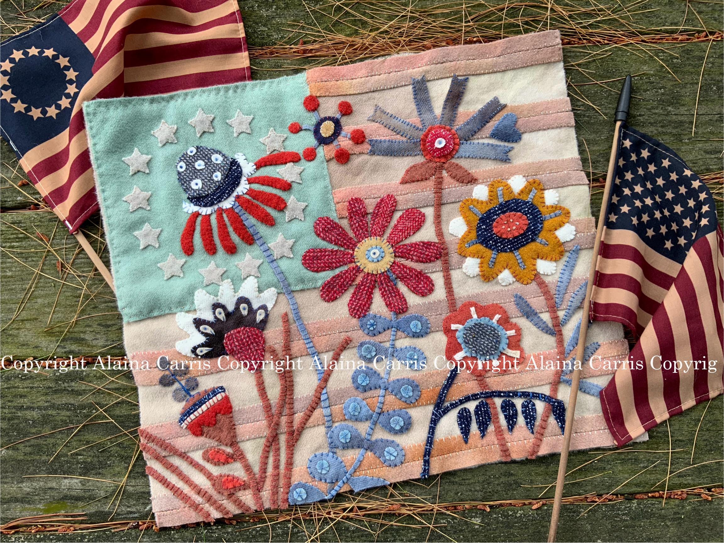 Victory Garden Wool Appliqué Embroidery DIGITAL Download PDF PATTERN Handmade Michelle Palmer Americana Patriotic Folk Floral Flowers Prim