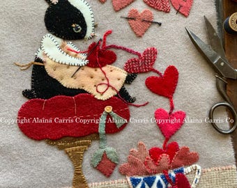 Stitching Rabbit My Cup Runneth Over Wool Appliqué Embroidery DIGITAL Download PDF PATTERN Handmade Michelle Palmer Pink Red Folk Rabbit Sew