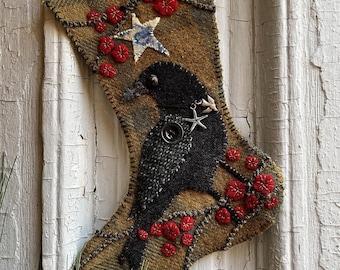 Cooper's Crow Stocking Wool Appliqué Embroidery DIGITAL jpeg and PDF PATTERN Handmade Holiday Christmas Michelle Palmer Primitive Winter Art