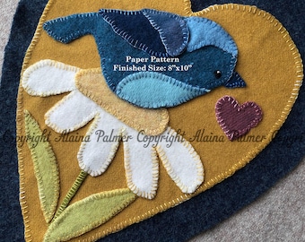 Bluebird Daisy Bird Wool Appliqué Embroidery PHYSICAL PAPER PATTERN Handmade Michelle Palmer Pink Red Folk Heart Blue Yellow Spring Flower