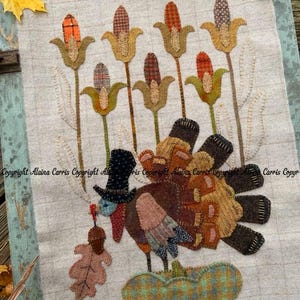 Ricamo in lana Acorn Tom Appliqué DIGITALE Scarica PDF MODELLO Fatto a mano Autunno Michelle Palmer Tacchino Ringraziamento Mais Prim Autunno Arte popolare