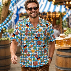 Oktoberfest Hawaiian Shirt, German Beer Festival Shirt, Bavarian Prost Button Up, Beer Mug Pretzel Party Shirt, Men Gift