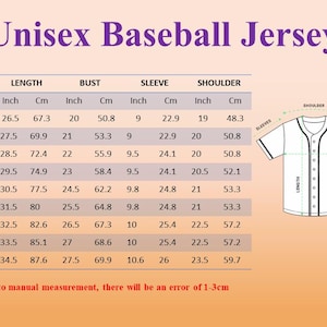 以下が含まれることがあります： 「Unisex Baseball Jersey」というタイトルのチャートで、インチとセンチメートルでサイズを測定しています。チャートにはXSから5XLまでのサイズが含まれており、長さ、バスト、袖、肩の寸法が詳しく記載されています。野球のジャージの図も含まれています。