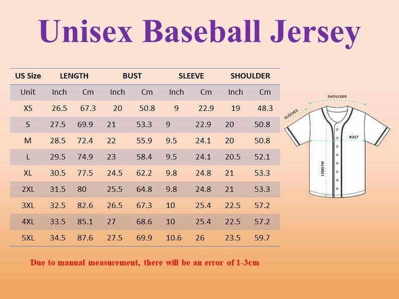 以下が含まれることがあります： 「Unisex Baseball Jersey」というタイトルのチャートで、インチとセンチメートルでサイズを測定しています。チャートにはXSから5XLまでのサイズが含まれており、長さ、バスト、袖、肩の寸法が詳しく記載されています。野球のジャージの図も含まれています。