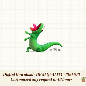 May include: A cartoon illustration of a green lizard with its mouth open and tongue sticking out. The lizard has its arms raised and is set against a white grid background. The word "HOPPERS" is visible. Digital download.