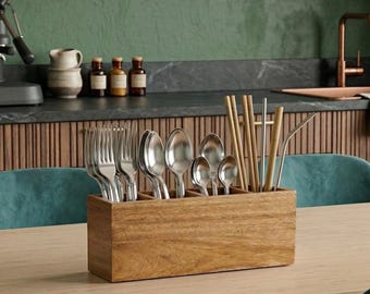 Wooden Utensil Organizer, Countertop Cutlery Holder, Rustic Kitchen Storage