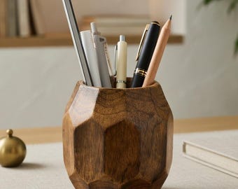 Geometric Wooden Pen Holder Minimalist Desk Organizer Rustic Office Desk Decor