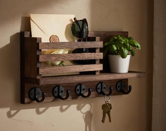 Rustic Wooden Key Holder Wall Shelf Farmhouse Entryway Organizer with Hooks