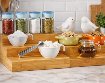 Bamboo Spice Rack Organizer Expandable Tiered Shelf, Kitchen Cabinet Counter Storage for Jars Bottles