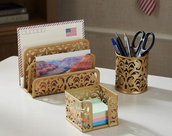 Gold Metal Desk Organizer Set: Mail, Pen, Note Holder – Ornate Cut-Out Design