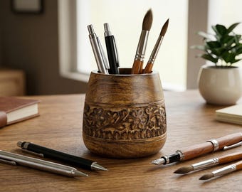 Hand Carved Wood Pen Holder, Rustic Desk Organizer for Pens, Pencils and Office Supplies