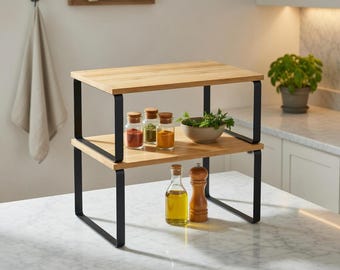 Stackable Bamboo Shelf Organizer, Expandable Kitchen Cabinet Riser, Countertop Storage Stand