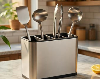 Utensil Holder Stainless Steel Organizer, 4 Compartment Kitchen Countertop Caddy, Spoon Fork Knife Storage