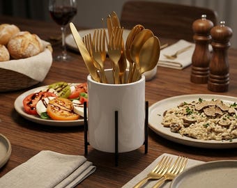 Gold Utensil Holder Marble Base, Modern Kitchen Countertop Organizer for Spoons Forks Cutlery