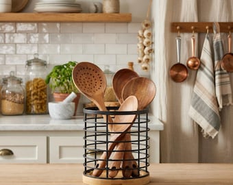 Farmhouse Wooden Utensil Holder, Rustic Kitchen Counter Organizer, Wood Metal Storage