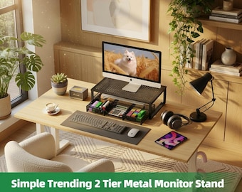 Monitor Stand Organizer with Drawer, Metal Mesh Desk Riser, Computer Screen Stand with Storage Tray, Office Desk Organizer Shelf