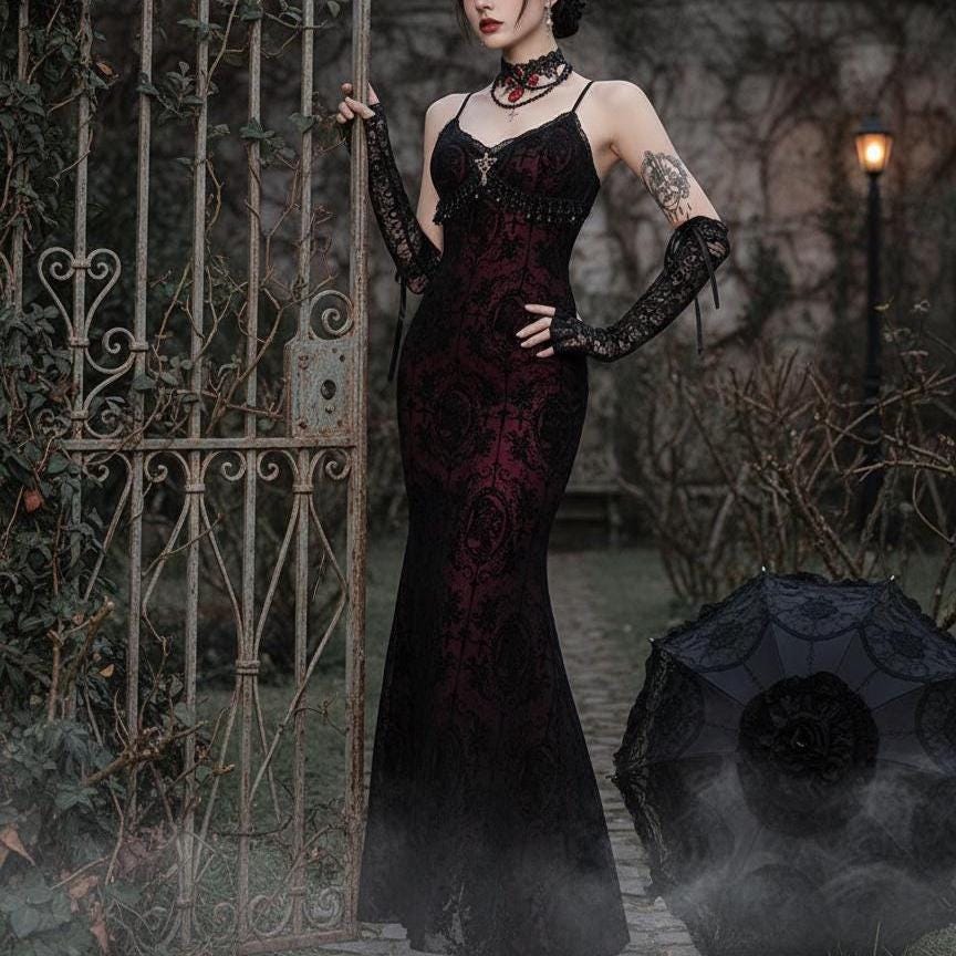 Gothic Lace Mermaid Gown Black & Red Victorian Dress Dark
