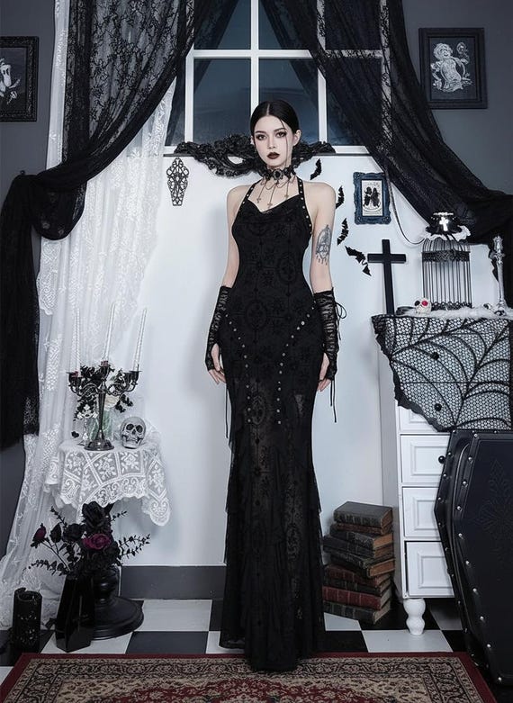 gothic halter dress Skull Lace Gown | Black Velvet | Victorian Clothing for Women victorian gothic black wedding dresses