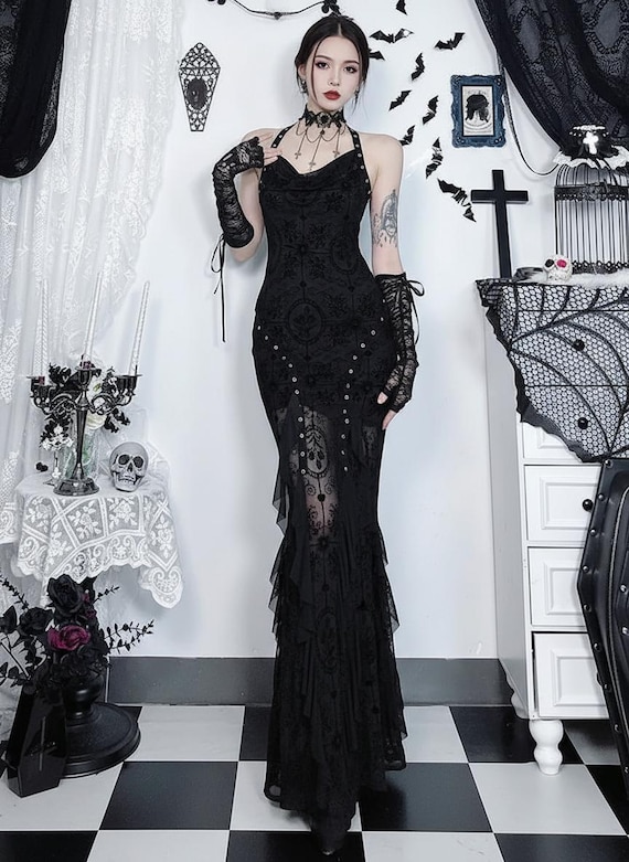 skull halter dress Lace Gown | Black Velvet | Gothic Victorian Clothing for Women 37 Inches [93 cms]