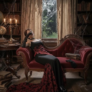 Puede incluir: Una mujer con un vestido negro y una cola roja con estampado floral se sienta en un chaise longue de terciopelo rojo. La habitación está decorada con libros antiguos, telarañas y un candelabro, creando una atmósfera vintage y espeluznante.
