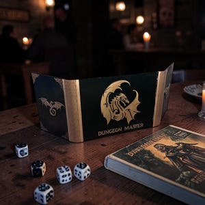 May include: A black and gold Dungeon Master screen featuring a dragon emblem and the words "Dungeon Master" is on a wooden table. Dice and a fantasy book are also present. The scene is dimly lit, with candles and soft lighting.